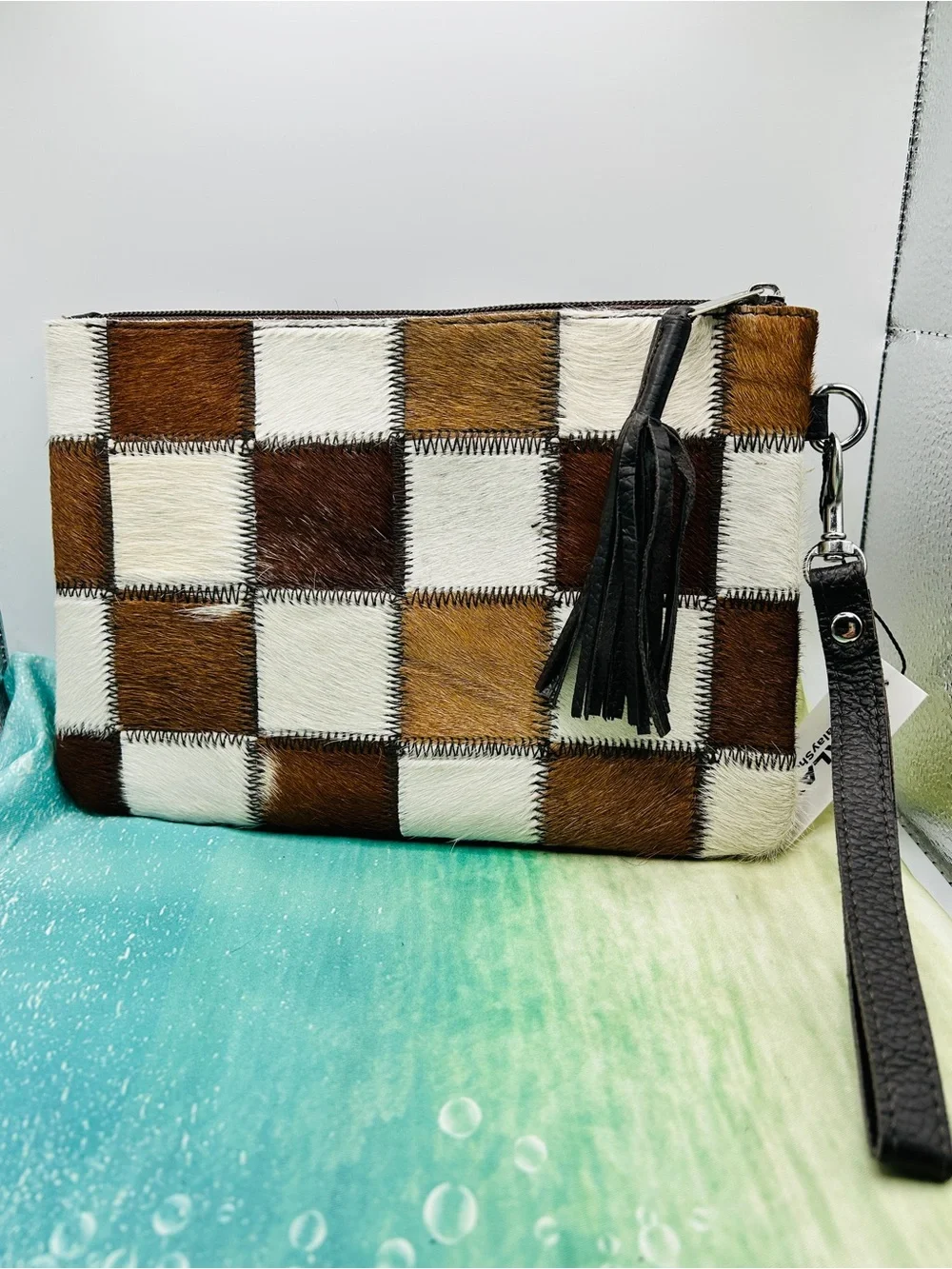 Checkerboard Hair on Hide Clutch / Wristlet, Brown & White Cowhide New With Tags